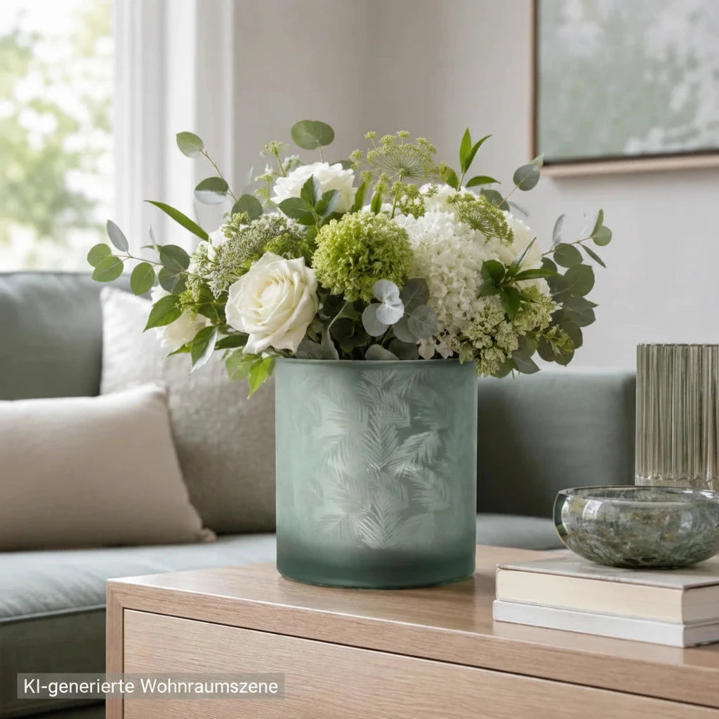 Grün-silberne Windlicht Vase aus Glas als elegante Dekoration im modernen Wohnzimmer
